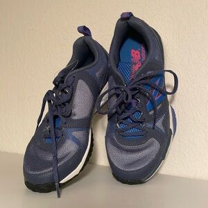 New Balance 797 sneaker in blue and pink, 7.5